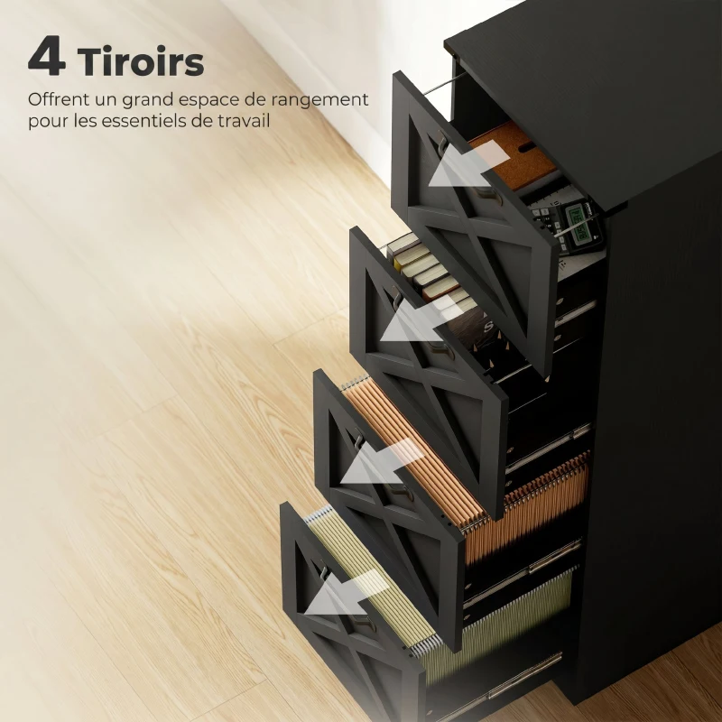HOMCOM Caisson de Bureau avec 4 Tiroirs, Dossiers Suspendus pour Formats Lettre/A4, Style Rustique, 40x40x131cm, Noir