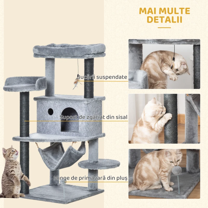 PawHut Arbore Răzuitoare pentru Pisici 48x48x107 cm Turn pentru Pisici cu Cavernă de Fetru Demontabilă Hamacă Paturi Platforme Gri