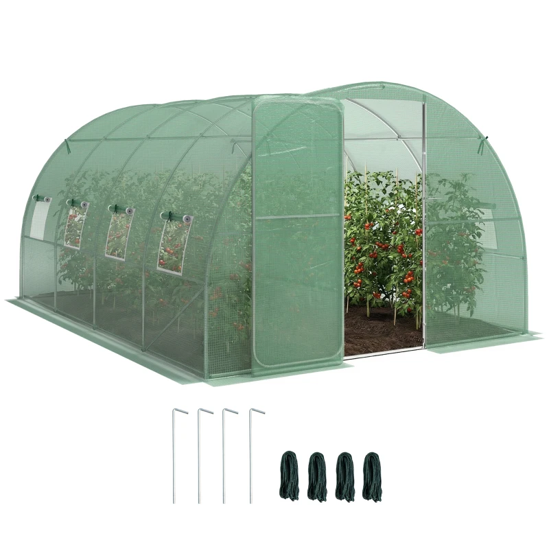 Outsunny Serre tunnel de jardin 12m², serre de jardin tunnel 295x400x200cm porte et 8 fenêtres, bâche PE 140 g/m² vert