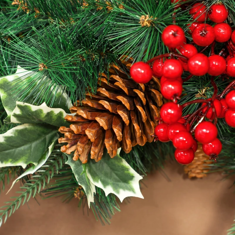 HOMCOM Ghirlandă de Crăciun de 60 cm cu lumini LED albe, timer, conuri, boabe și frunze de ilex, verde