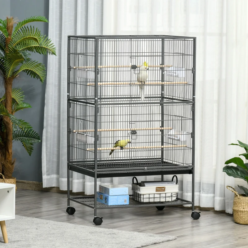 PawHut Gabbia per Uccelli da Interni in Legno con Vassoio, 4 Ruote e Trespolo, 78x52x132cm