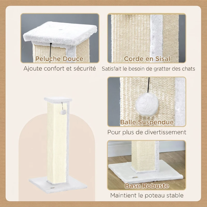 PawHut Griffoir pour chat poteau griffoir chat en sisal et peluche, boule suspendue base stable 41 x 41 x 81 cm blanc et crème