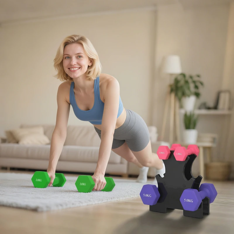 SPORTNOW Hex Dumbbells Set with Dumbbell Rack, Hand Weights for Strength Training Weight Lifting, 2 x 1kg, 2 x 3kg, 2 x 5kg