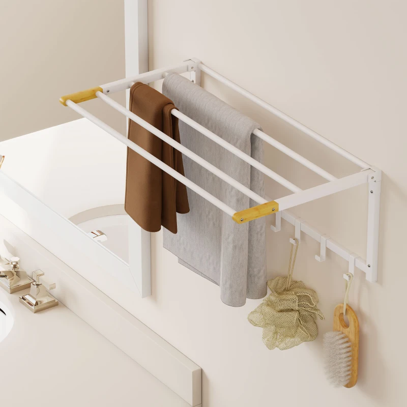 HOMCOM Portasciugamani a Parete Pieghevole con 5 Barre e 6 Ganci in Legno e Acciaio, 60x32.5x20 cm, Bianco