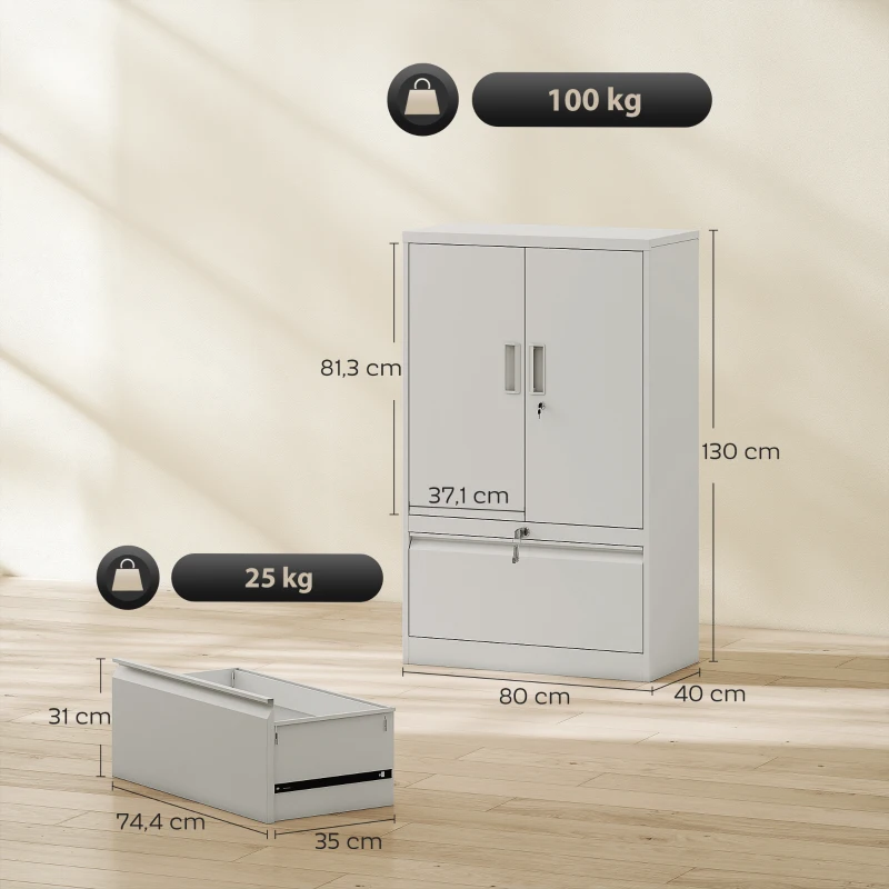 HOMCOM Mobile da Ufficio in Acciaio con Ripiano Interno Regolabile e Cassetto, 80x40x130 cm, Bianco