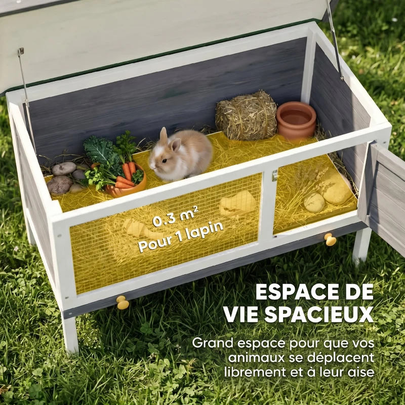 PawHut Clapier Lapin Extérieur en Bois, avec Toit Ouvrable en Asphalt et Plateau Coulissant, Design Surélevé, 90x45x65cm, Gris