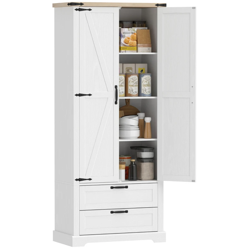 HOMCOM Buffet haut cuisine, armoire de cuisine avec 2 portes, 2 tiroirs, étagères réglables, style rustique, 76x40x180cm, blanc