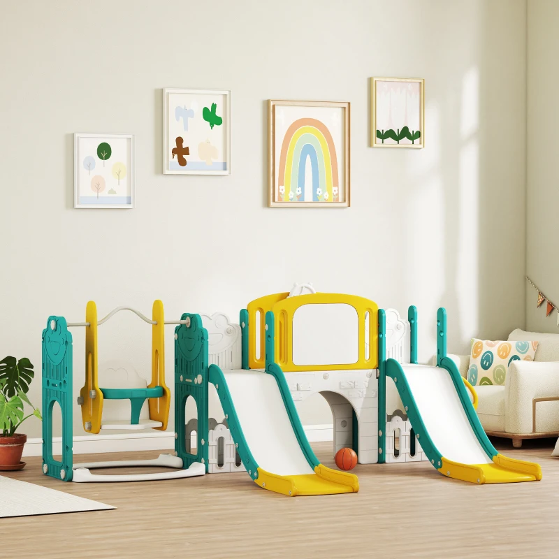 AIYAPLAY Conjunto de Escorrega e Balanço 9-in-1 para Crianças Pequenas, com Cesta de Basquete, Telescópio, Quadro de Desenho, Design de Sapo, Amarelo+Verde