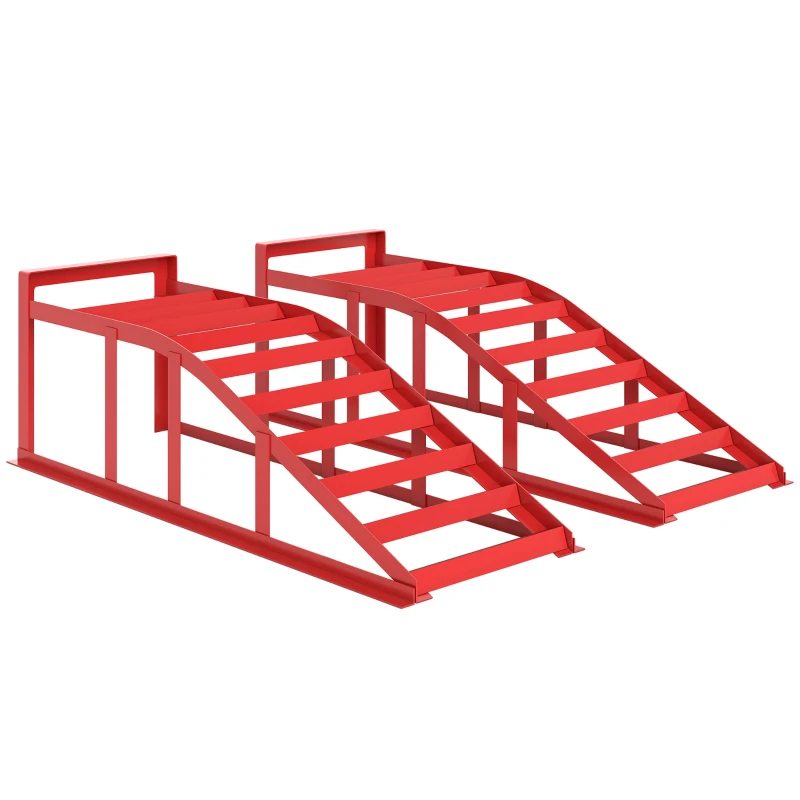 HOMCOM Lot de 2 Rampes d'Accès pour Voiture 3T en Acier, Surface Antidérapante, 83,5 x 30,5 x 27 cm, Rouge