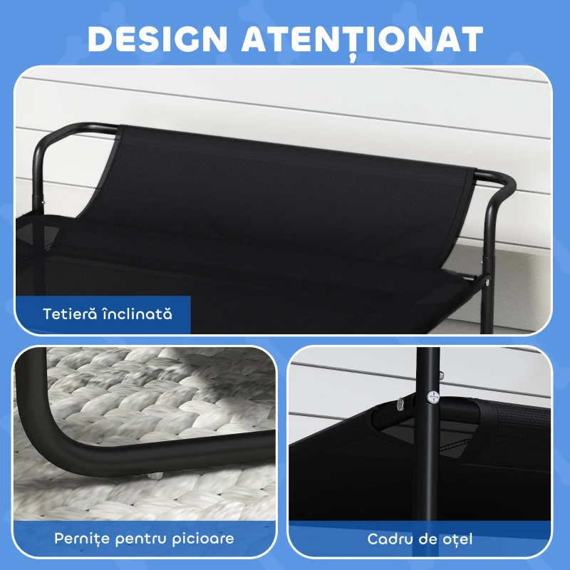 PawHut Pat Ridicat pentru Câini, Pat de Camping pentru Câini și Pisici cu Tetieră Reglabilă, Material Respirabil Texteline, pentru Interior și Exterior, 91x69x29 cm, Negru