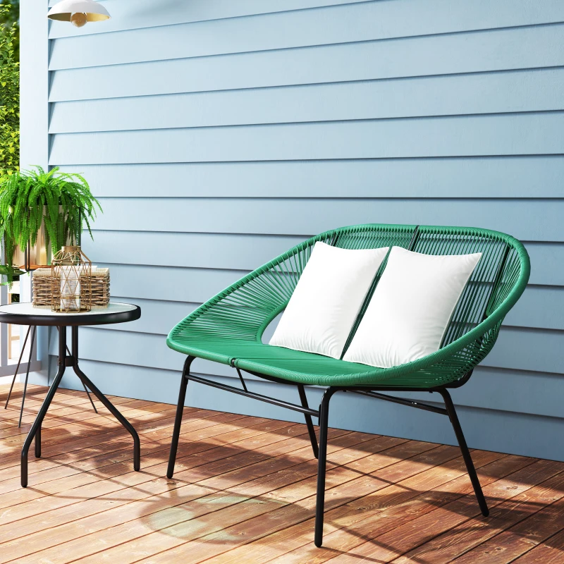 Outsunny Divano da Giardino 2 Posti in Rattan PE e Acciaio con Cuscini e Braccioli, 132x72x83 cm, Verde
