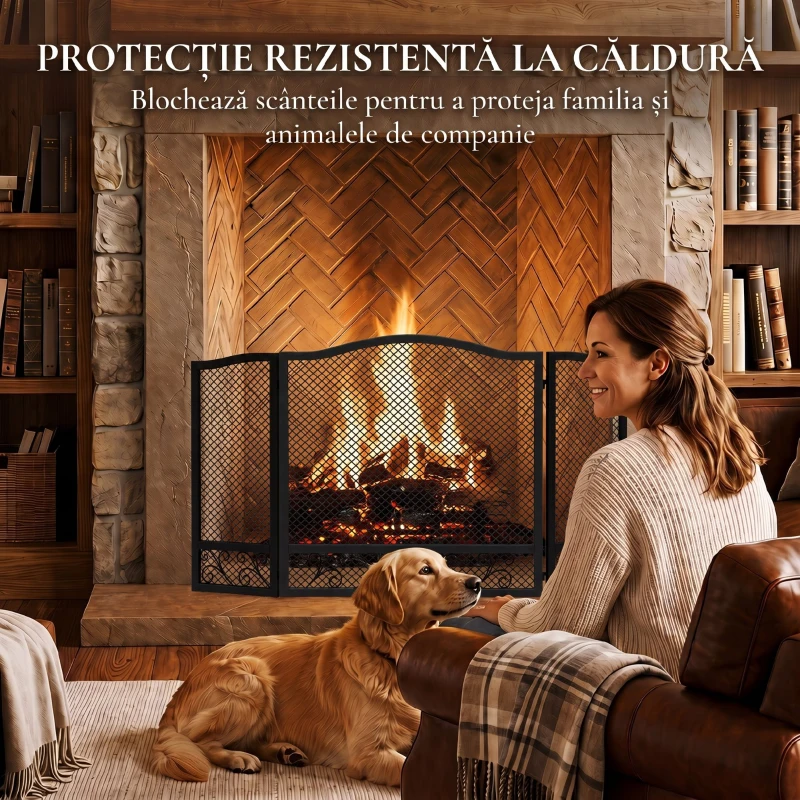 HOMCOM Parascântei pentru Șemineu, 3 Panouri, Metal Vopsit Electrostatic, Gata de Utilizare, 107 x 1 x 60 cm, Negru