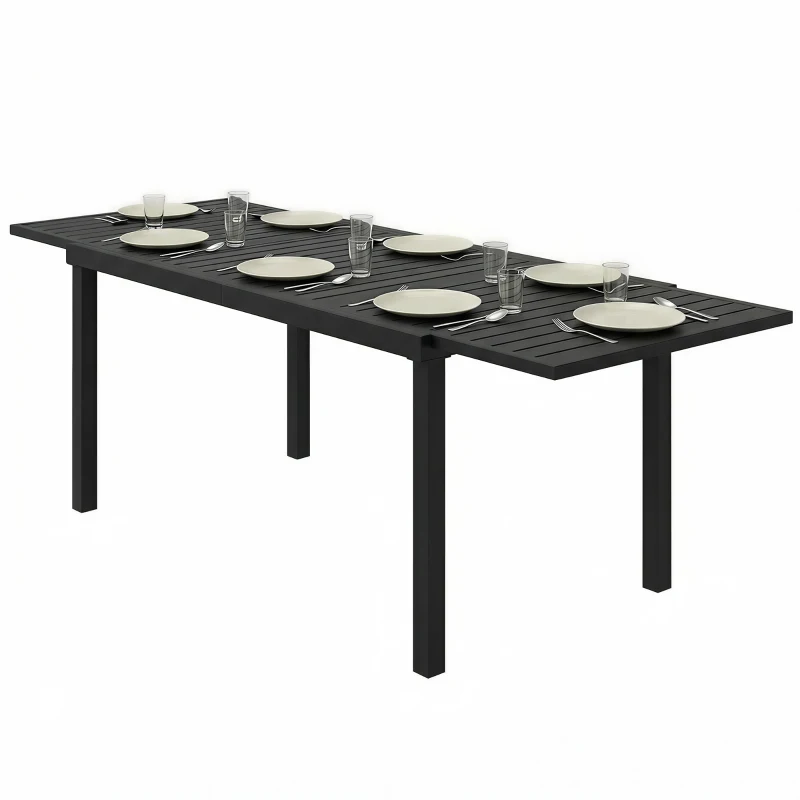 Outsunny Tavolo da giardino allungabile per 6-8 persone, alluminio con piano a doghe, nero.