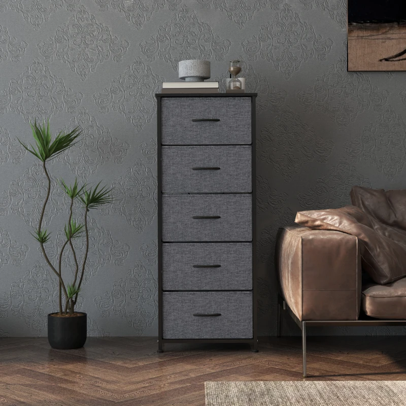 HOMCOM Fabric Chest of Drawers, Industrial Bedroom Dresser with 5 Fabric Drawers, Steel Frame and Wooden Top for Nursery, Living Room, Hallway, Dark Grey