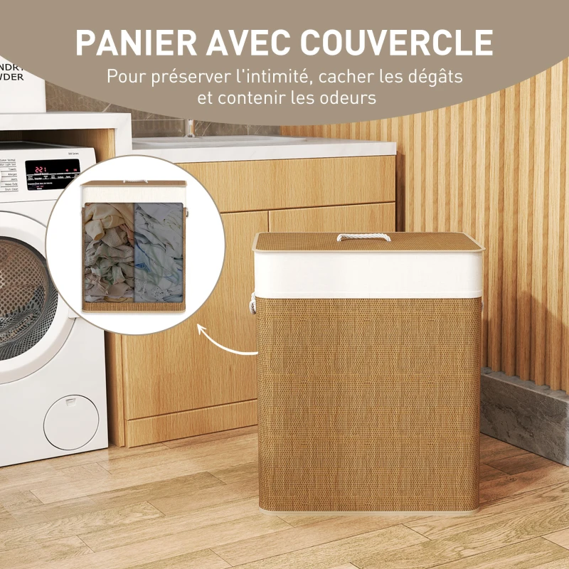 HOMCOM Panier à linge double avec couvercle, panier à linge en bambou 100 L avec poignées en corde