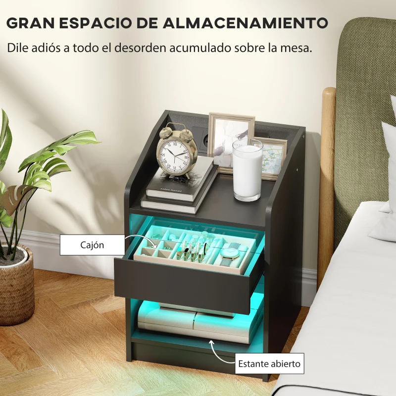 HOMCOM Mesita de Noche con Estación de Carga Luz LED RGB Cajón Estante Abierto Puertos USB y Control Remoto 40x40x58 Cm Negro