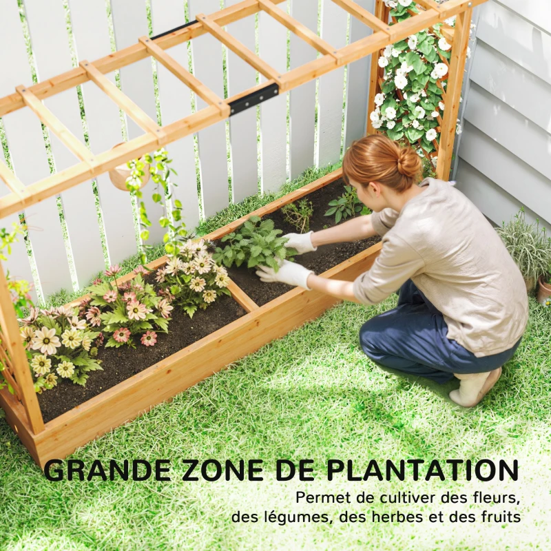 Outsunny Jardinière surélevée avec treillis latéral et supérieur, bac à fleurs trous de drainage, 200x44x113,5cm, bois naturel