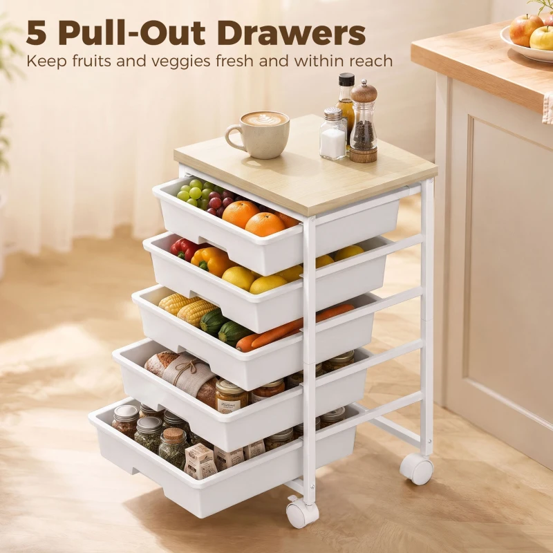 HOMCOM 6-Tier Storage Trolley on Wheels, Metal Kitchen Rolling Cart with 5 Pull-Out Drawers, White