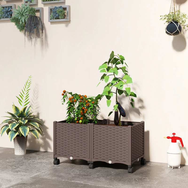 Outsunny Hochbeet aus Kunststoff, Selbstbewässernder Pflanzkasten mit Drainagelöchern und Stopfen