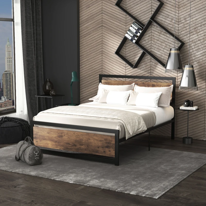 HOMCOM Estrutura de cama de casal em aço com estrado e cabeceira compatível com colchão 190 x 140 cm aspecto madeira escura