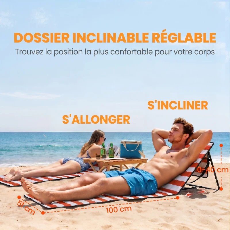Outsunny Lot de 2 tapis de plage rembourré matelas de plage dossier inclinable multi-positions 142 x 51 x 40 cm blanc et rouge