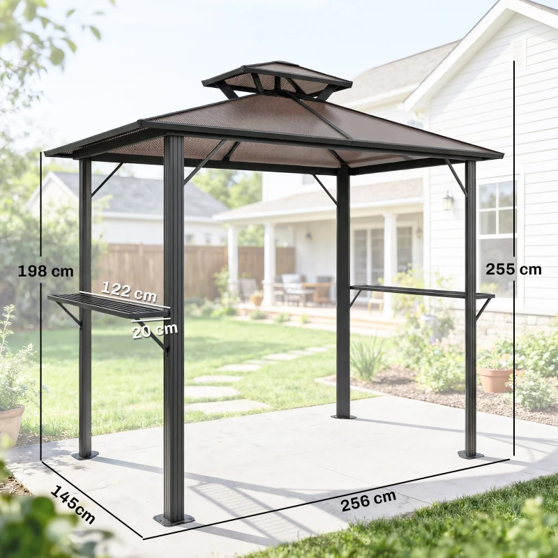 Outsunny Grillpavillon 2,5 x 1,5 m, Wasserdicht Grillüberdachung mit Doppeldach aus Polycarbonat Seitenablage Braun