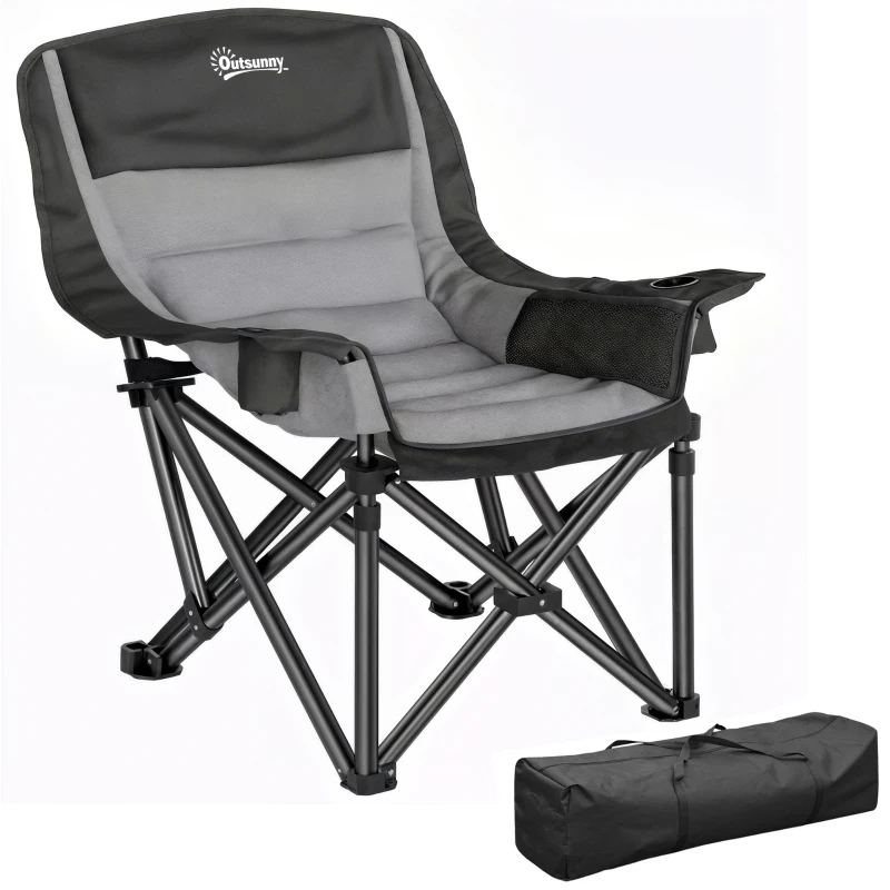Outsunny Scaun de camping pliabil cu 2 suporturi pentru pahare și buzunare laterale, 99x71x103 cm, gri și negru