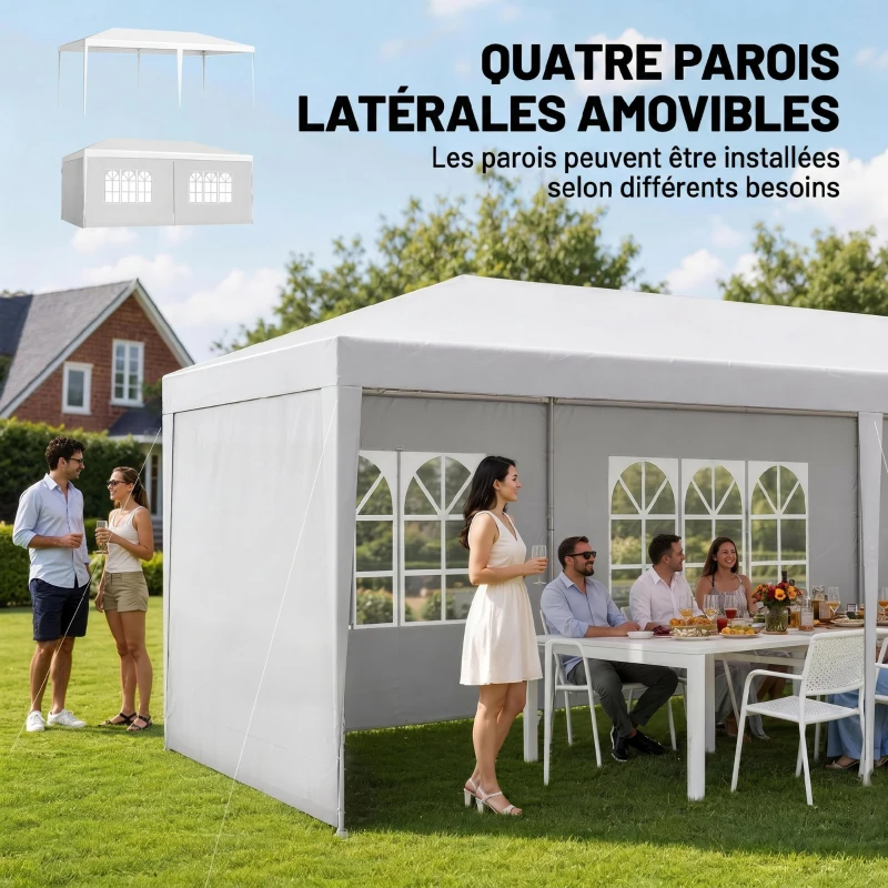 Outsunny Tonnelle de jardin, tente de réception avec Fenêtres et parois latérales amovibles, pour fêtes et mariages, 6 x 3 m blanc