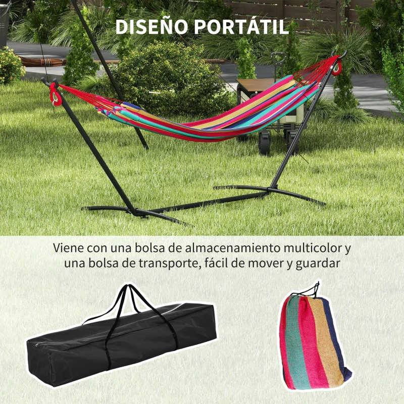 Outsunny Hamaca con Soporte 310x117cm para Camping con Altura Ajustable y Bolsa de Transporte Carga 120 kg Rayas Naranja y Rojo