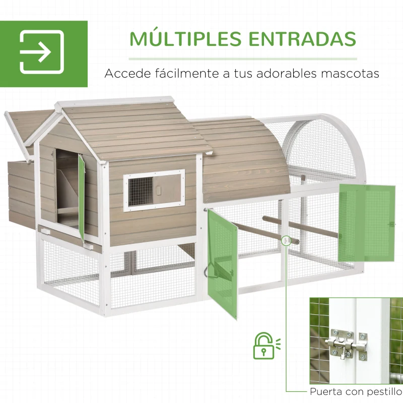 PawHut Gallinero Exterior de Madera de Abeto Jaula para Gallinas Pollos con Zona Abierta Ponedero Barras Bandeja Extraíble y Rampa 167,5x109x100 cm Color Natural y Blanco