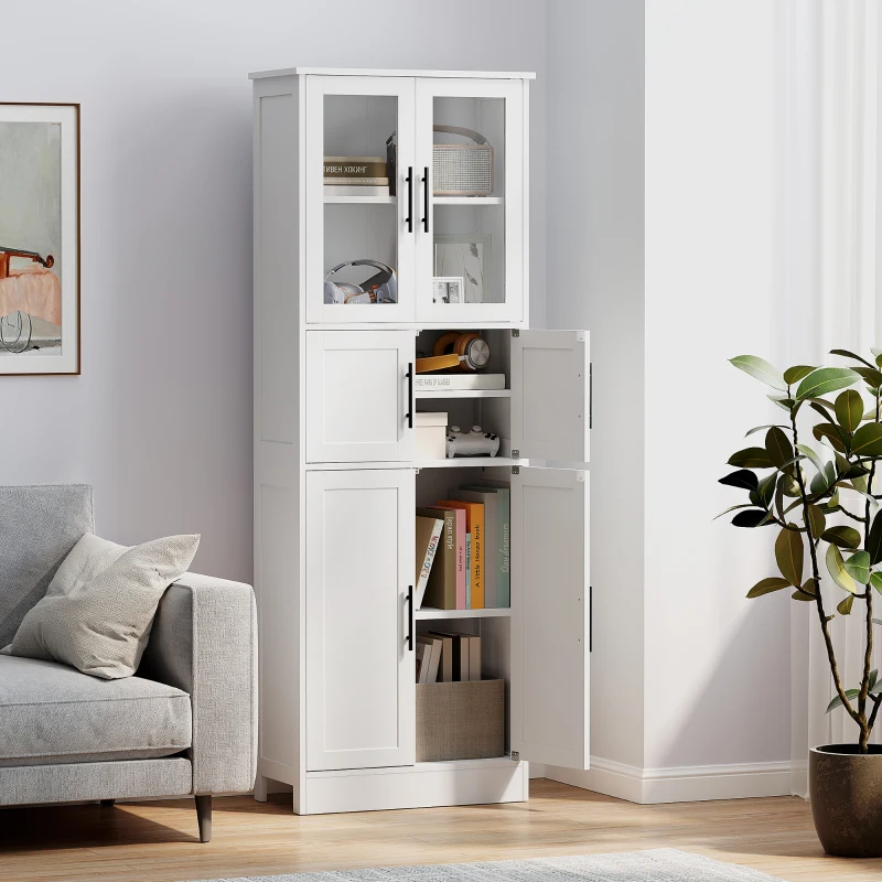 HOMCOM Meuble de salle de bain, meuble de rangement 6 niveaux, 6 portes dont 2 vitrées, étagères réglables, 60x30x170cm, blanc