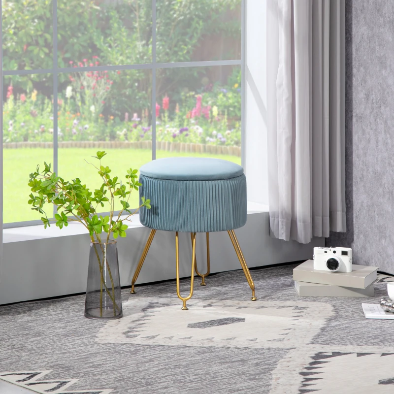 HOMCOM Puff Almacenaje Tapizado en Terciopelo Banco de Almacenaje con Patas de Acero Ø40x48 cm Azul Claro