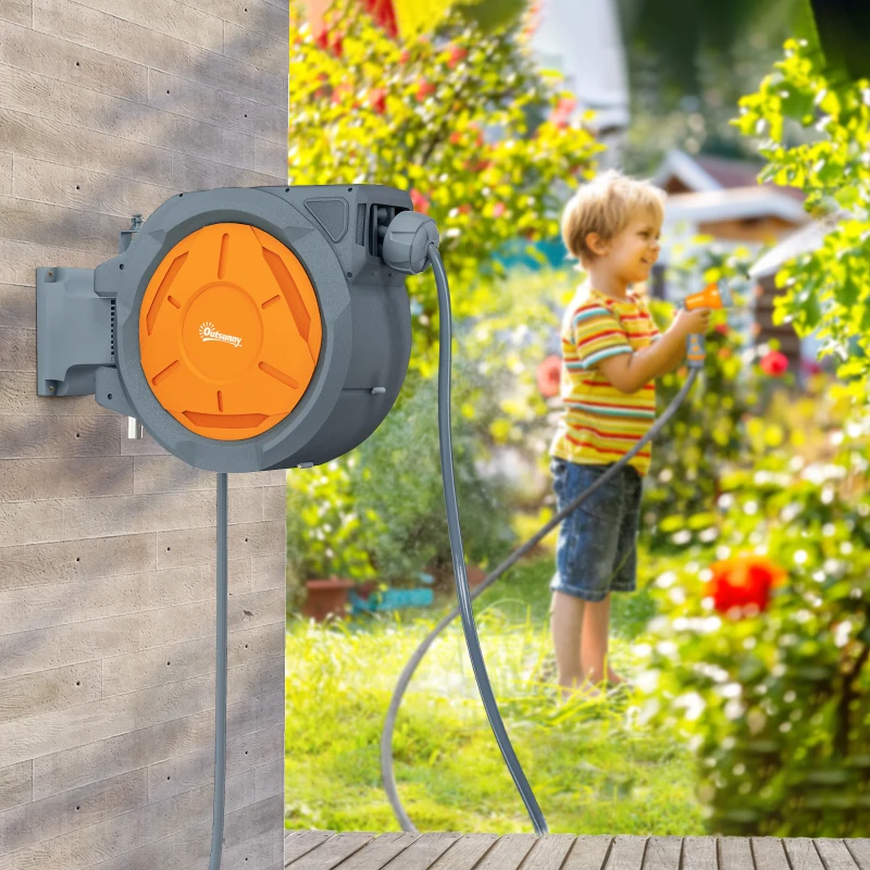 Outsunny Retractable Hose Reel Wall Mounted, 30+2m Garden Hose Pipe Reel with Lock, Auto Rewind, 7 in 1 Spray Nozzle, Includes Wall Fixings, 180° Swivel, Outdoor Watering, 59 x 23 x 42 cm, Orange