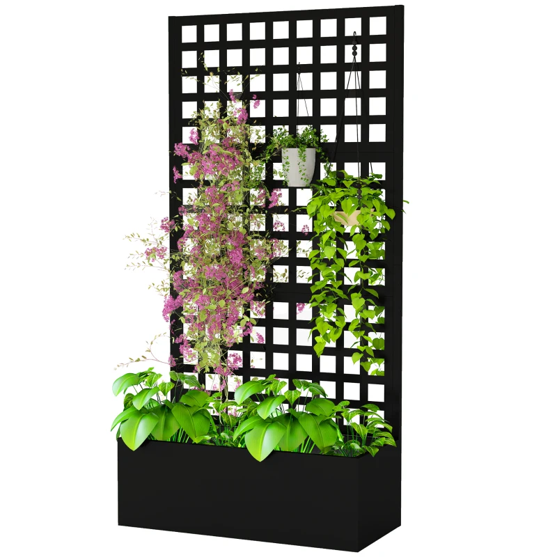 Outsunny Jardinière avec treillis, brise-vue, lit surélevé de jardin acier galvanisée, pour plantes grimpantes, 89x40x178cm, noir