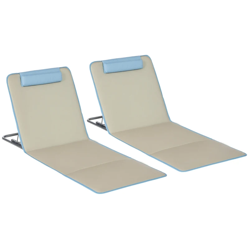 Outsunny Set 2 Șezlonguri de Plajă Pliabile cu Spătar Reglabil și Tetieră, 53x124x35-45 cm, Bej și Albastru