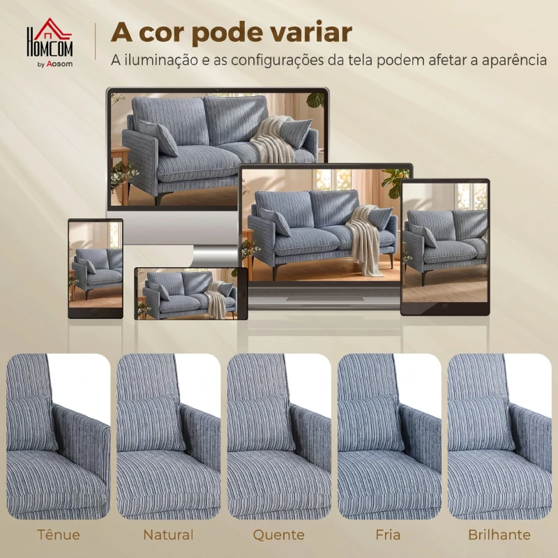 HOMCOM Sofá 2 Lugares em Tecido Efeito Linho Respirável com Enchimento Espesso 2 Almofadas Braços para Sala de Estar Sala Azul