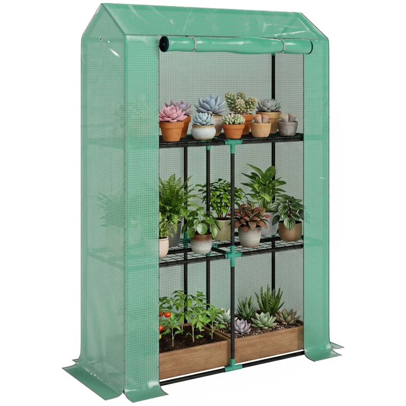 Outsunny Serre de jardin avec étagères 3 niveaux serre d'hivernage bâche renforcée en PE porte enroulable 100 x 40 x 150 cm vert