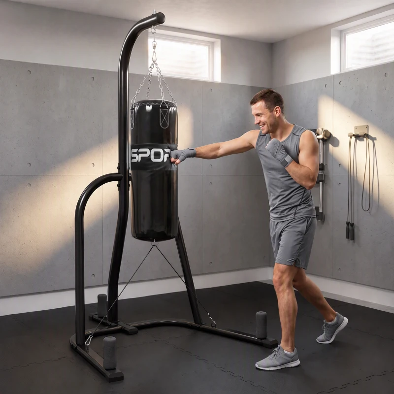 SPORTNOW Soporte para Saco de Boxeo Independiente con Saco Cuerda Elástica y Cadena 360° de Acero Negro