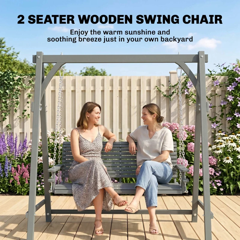 Outsunny 2 Seater Garden Swing Seat, Wooden Swing Chair Bench with Cup Holders for Outdoor Porch Patio, Grey