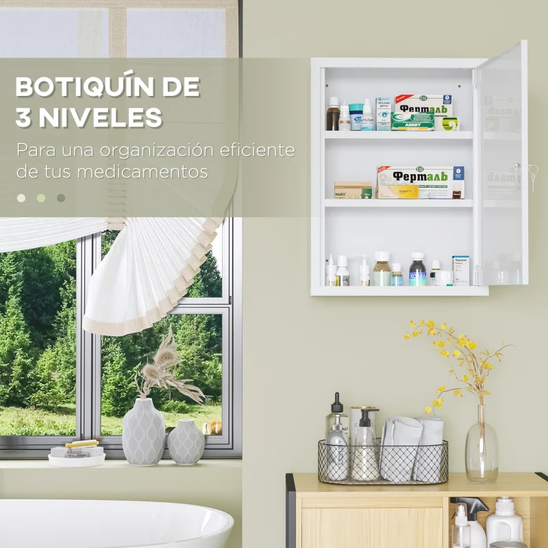 kleankin Botiquín de Pared Armario de Medicinas de Acero Armario con 3 Estantes y 2 Llaves para Baño 40x15x53,5 cm Blanco