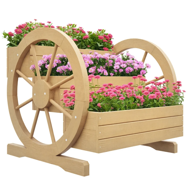 Outsunny Hochbeet, 3 Etagen, Wagenrad-Dekor, Naturholz, 62 x 61 x 57 cm