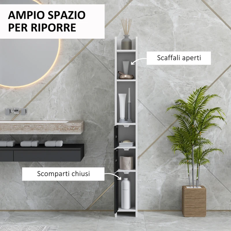 kleankin Colonna Bagno con 3 Mensole e 3 Armadietti, in Legno, 15x17x120 cm, Bianco e Nero