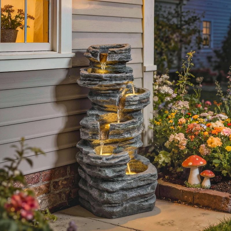 Outsunny Outdoor Fountain, 6-Tier Cascading Waterfall Feature with LED Lights, Resin Freestanding Garden Fountain, Grey