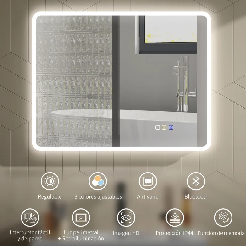 HOMCOM Espejo de Baño con Luz LED 90x70 cm con Bluetooth 3 Colores de Luz Función Antivaho Función de Memoria IP44