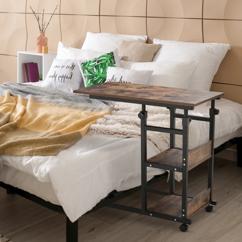 HOMCOM Beistelltisch mit Rollen, höhenverstellbar, kompakt, 2 Ablageböden, Metallrahmen, 80x40x72-82 cm, Braun/Schwarz