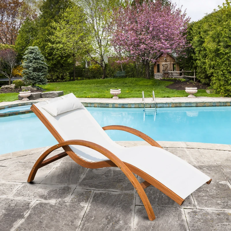 Outsunny Sdraio da Giardino Ergonomica con Poggiatesta Imbottito Legno Tessuto 161 x 72 x 68 cm Crema