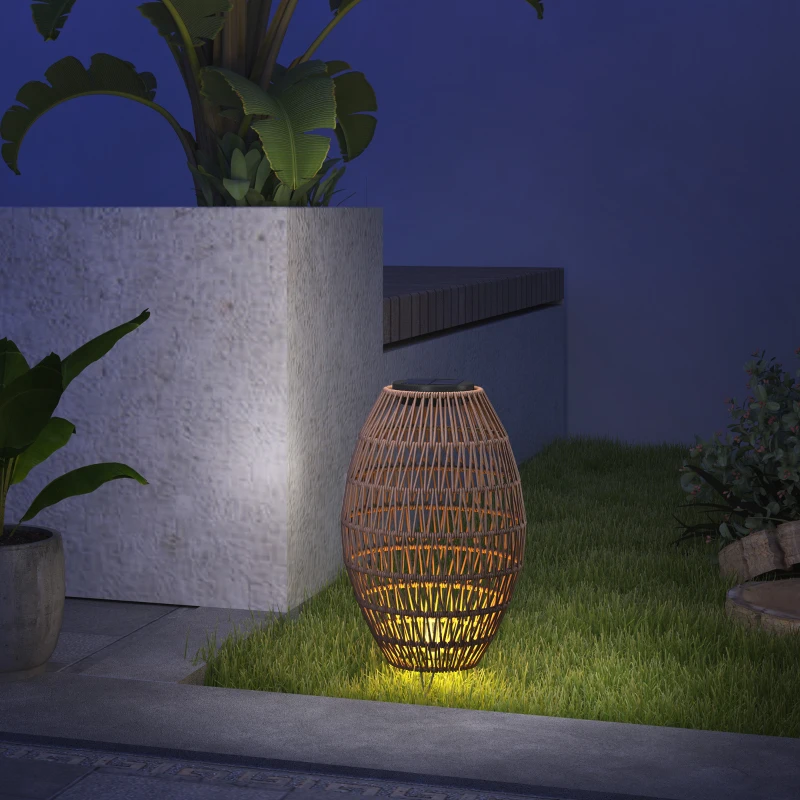Outsunny Rattan Solar Lamp, Garden Solar Lantern with Auto On/Off Light, IP44 Waterproof, Decorative Outdoor Rattan Lamp for Porch, Pathway, Dark Brown