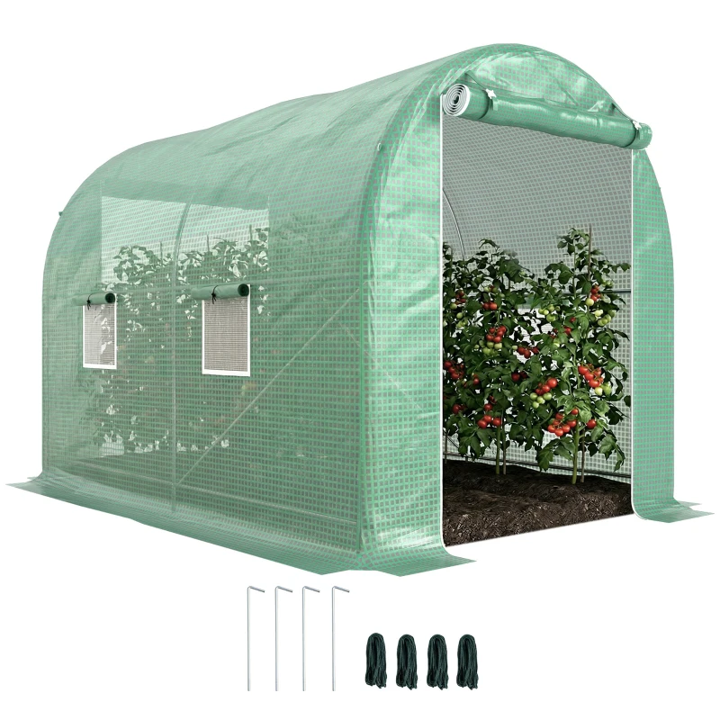 Outsunny Serre de Jardin Tunnel Surface Sol 6 m² châssis Tubulaire renforcé Porte zippée 4 fenêtres enroulables Vert