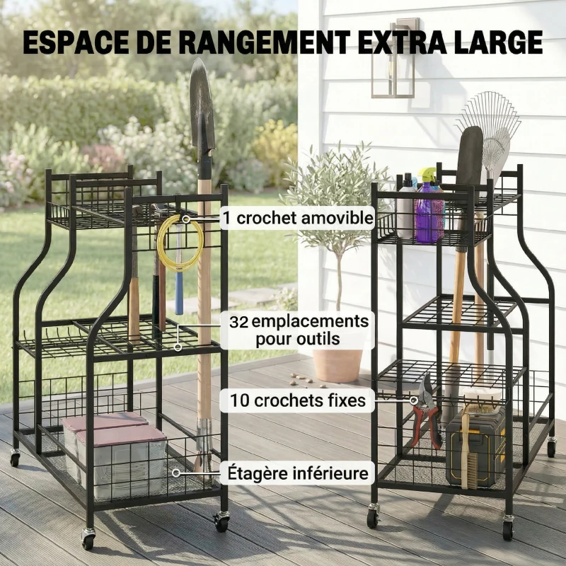Outsunny Organisateur d'Outils de Jardin en Acier à 3 Niveaux, 32 Emplacements, 4 Roues, 11 Crochets, 104x40x95cm, Noir