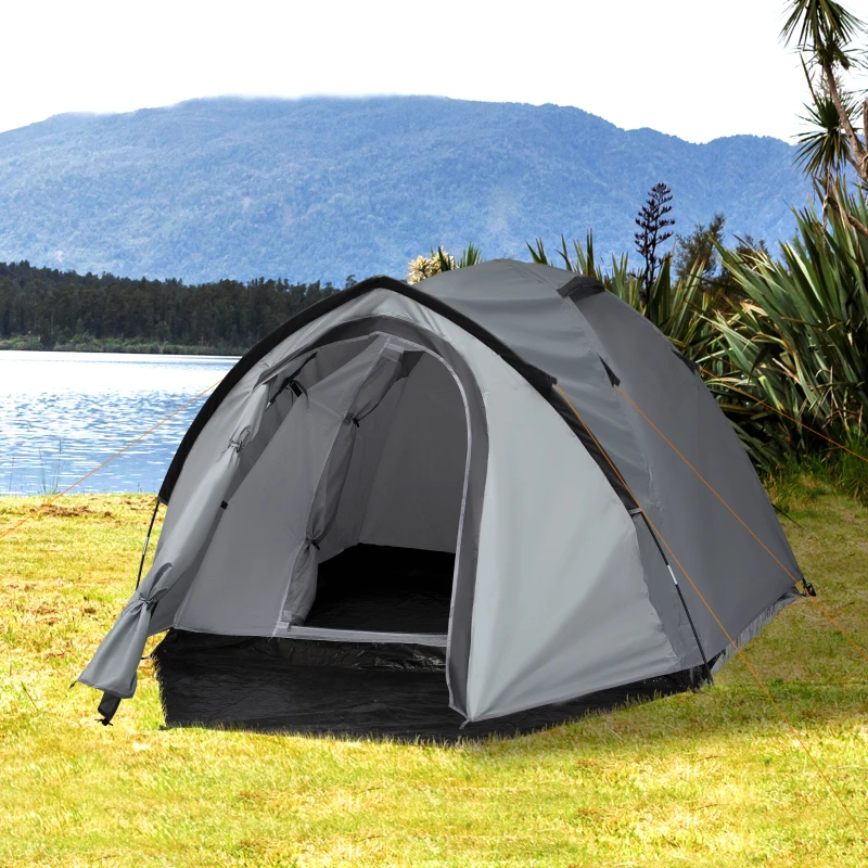 Outsunny Tenda da Campeggio 2 Posti con Vestibolo, Finestre Traforate e Porte con Cerniera, 325x183x130 cm, Grigio